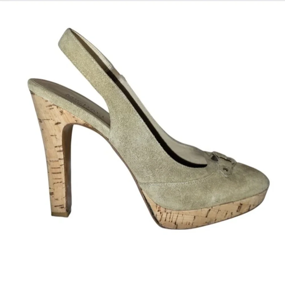 MICHAEL KORS VTG Beige Tan Suede Cork Platform Round Toe Slingback Heels - 8M